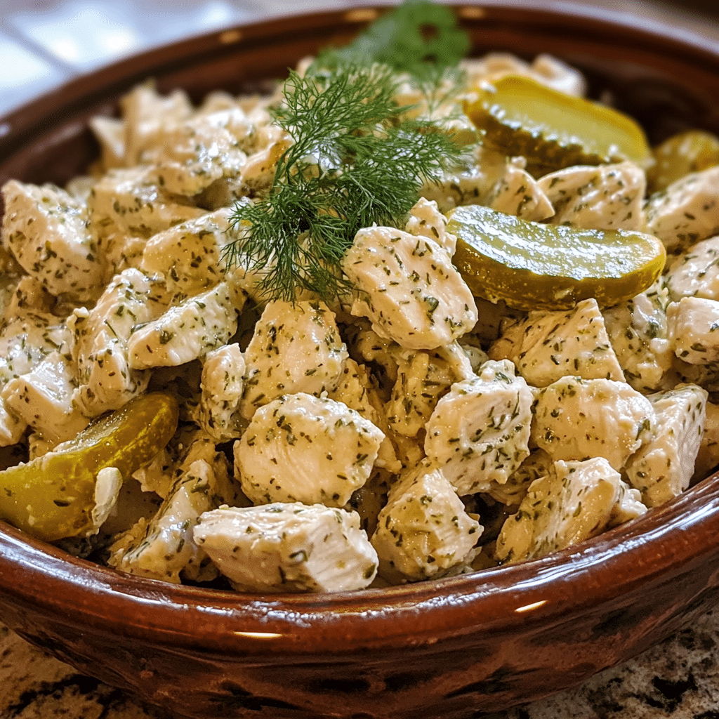 Homemade easy dill pickle chicken salad in a serving dish in a bright kitchen