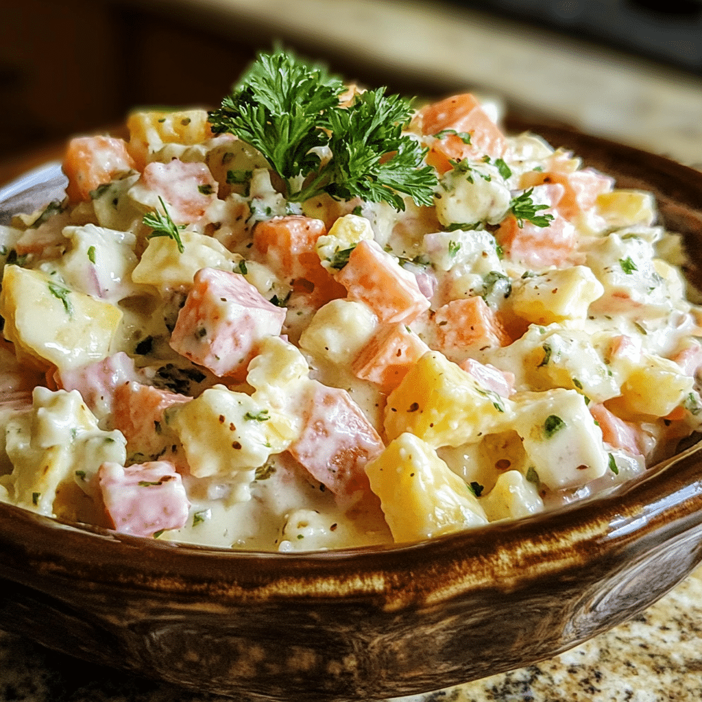 Homemade easy easter ambrosia salad in a serving dish in a bright kitchen