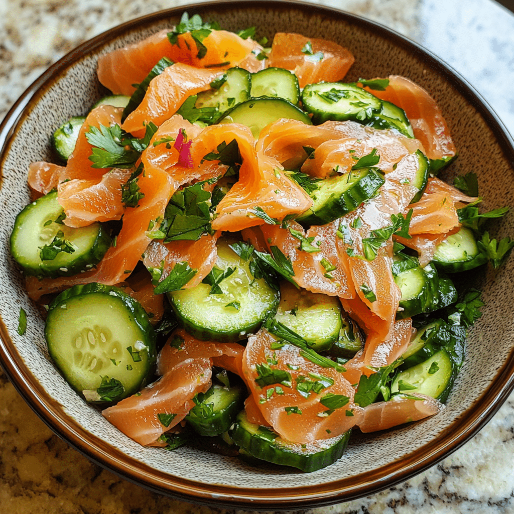 Homemade easy easter cucumber smoked salmon salad in a serving dish in a bright kitchen