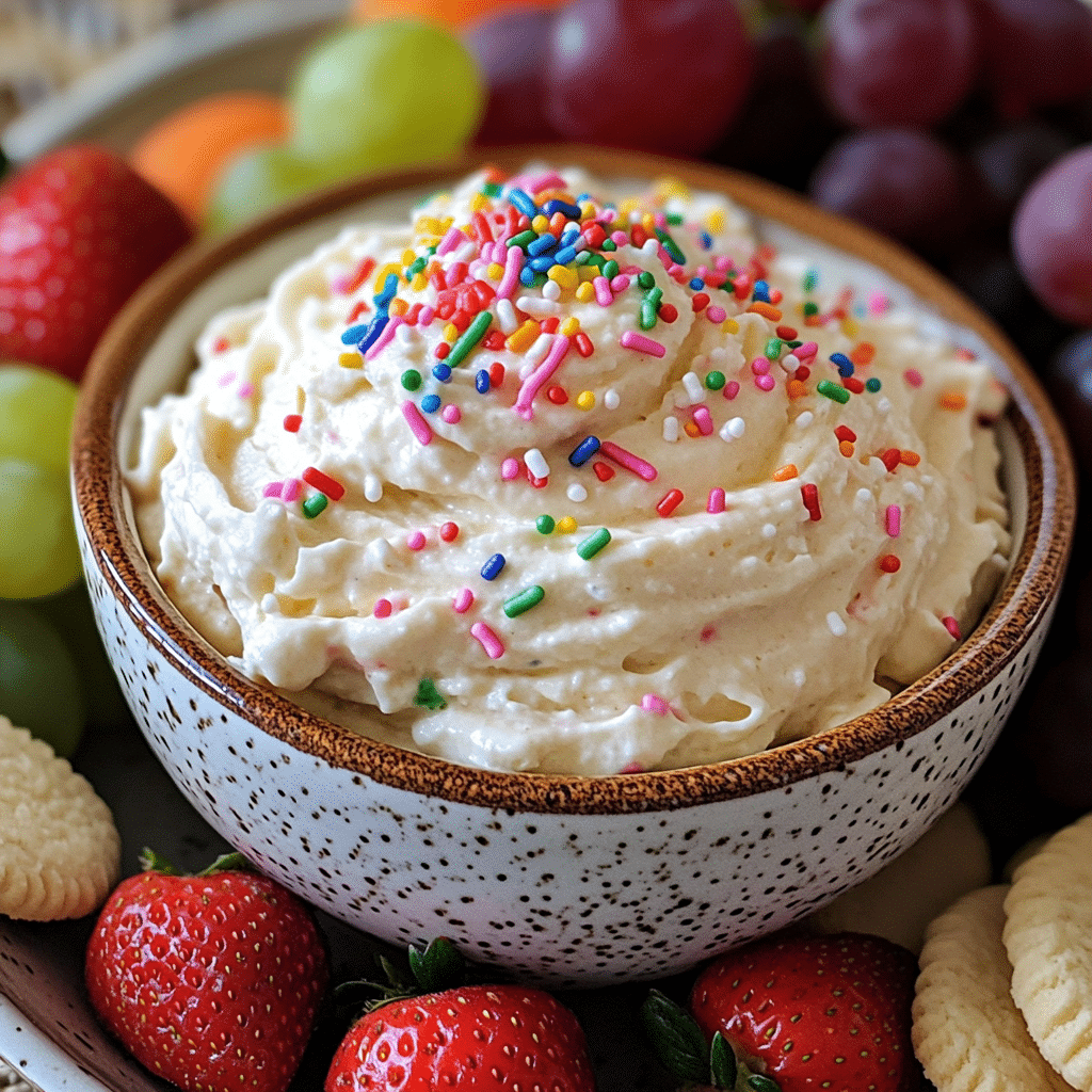 Bowl of pastel Easter sweet dip topped with sprinkles served with fruit and cookies
