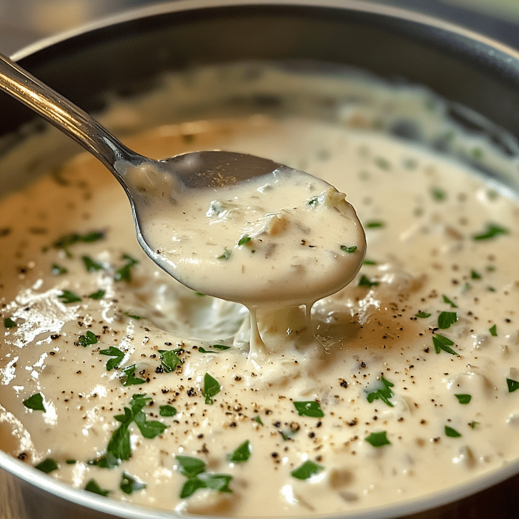 Saucepan of creamy garlic cream sauce with spoon and parsley