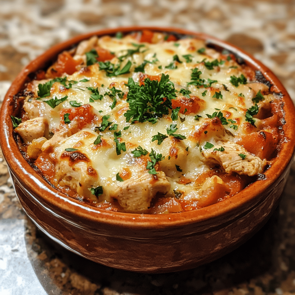Homemade easy greek chicken casserole in a serving dish in a bright kitchen