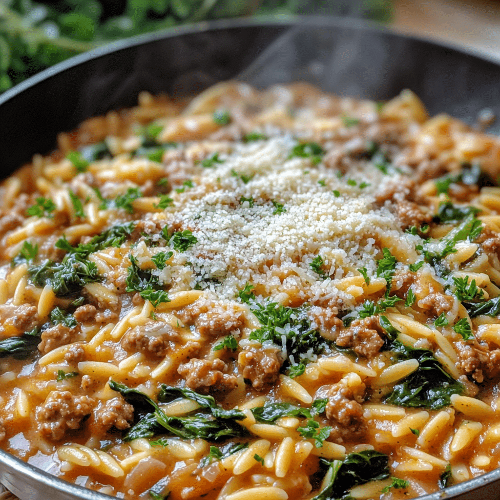 Skillet of ground turkey spinach orzo in a tomato garlic sauce with Parmesan-style cheese