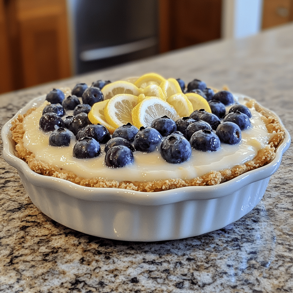 Homemade easy lemon blueberry delight – the perfect no-bake summer dessert in a serving dish in a bright kitchen