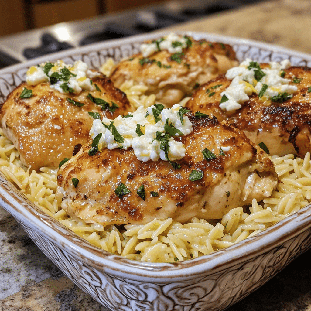 Homemade easy lemon-feta chicken and orzo for gatherings in a serving dish in a bright kitchen