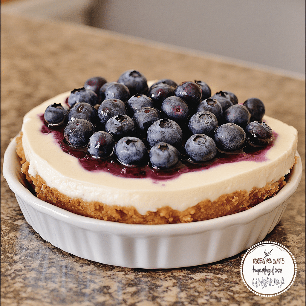 Homemade easy no-bake blueberry cheesecake recipe with delicious blueberry topping in a serving dish in a bright kitchen