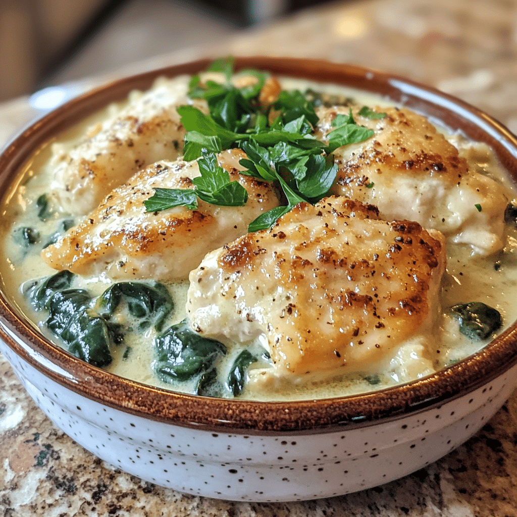 Homemade easy one-pan creamy parmesan chicken and spinach recipe in a serving dish in a bright kitchen