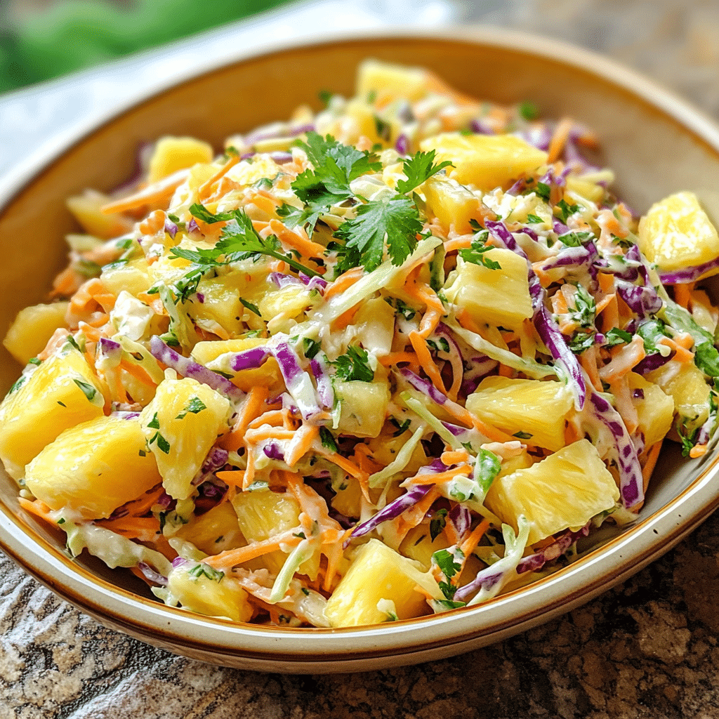 Homemade easy pineapple slaw recipe for summer feasts in a serving dish in a bright kitchen