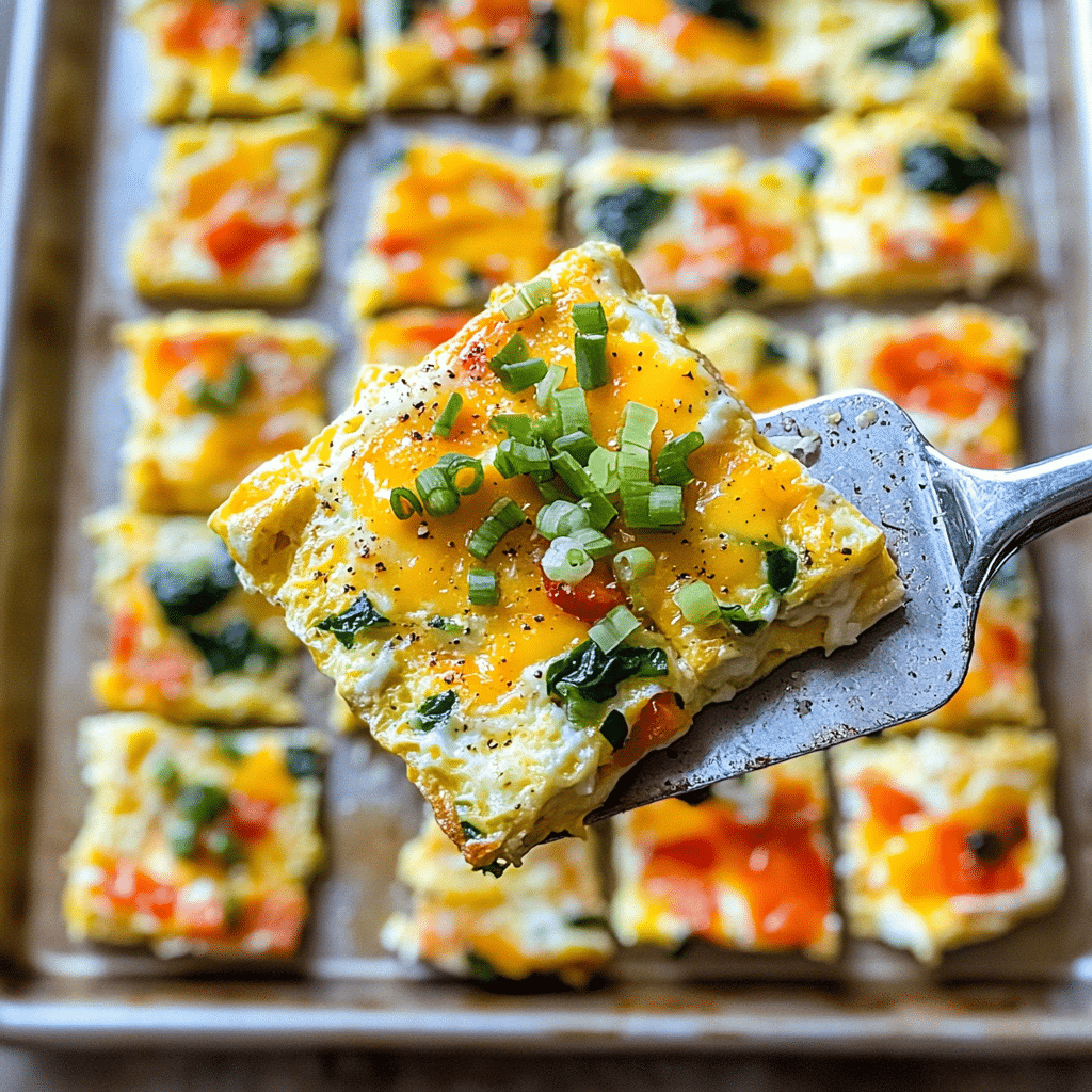 Sheet pan omelet squares with bell peppers, spinach, onions, and melted cheese