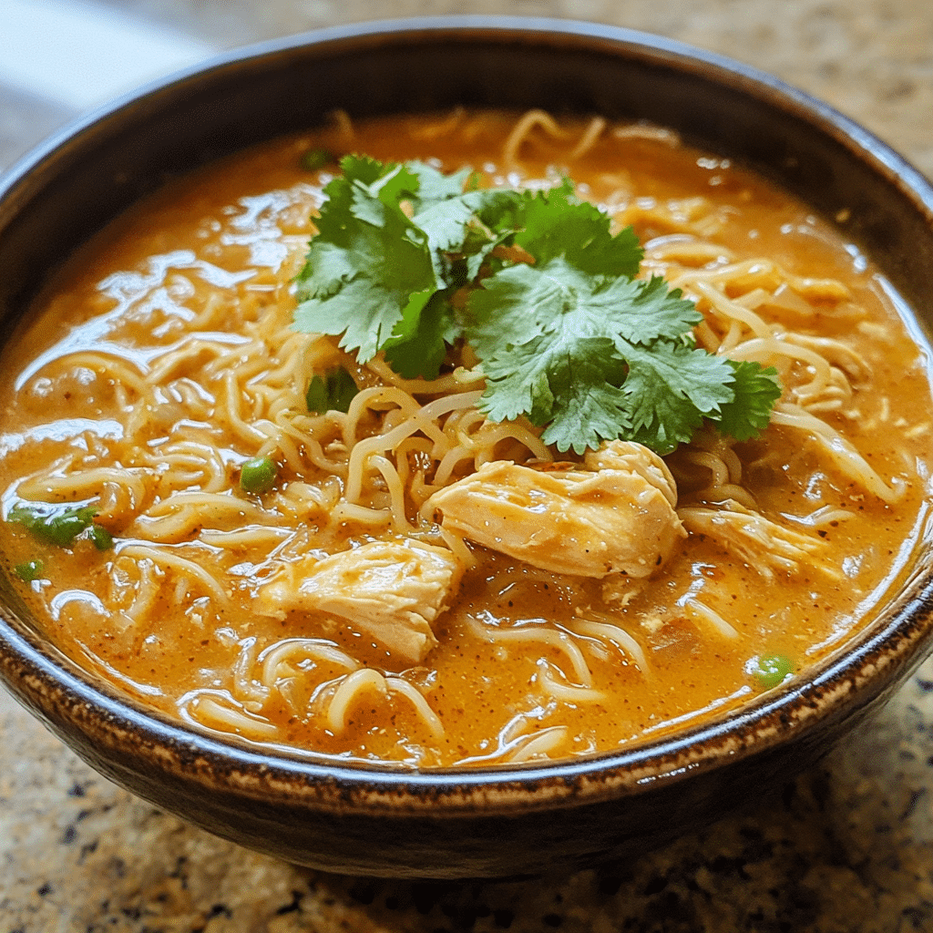 Homemade easy thai chicken curry soup with coconut milk & noodles in a serving dish in a bright kitchen
