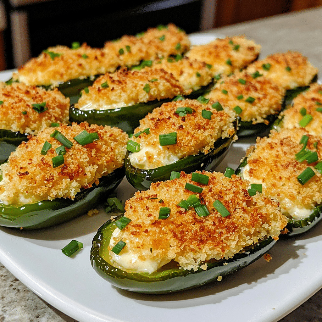 A plate of crispy vegan jalapeno poppers with creamy filling and green onion on top
