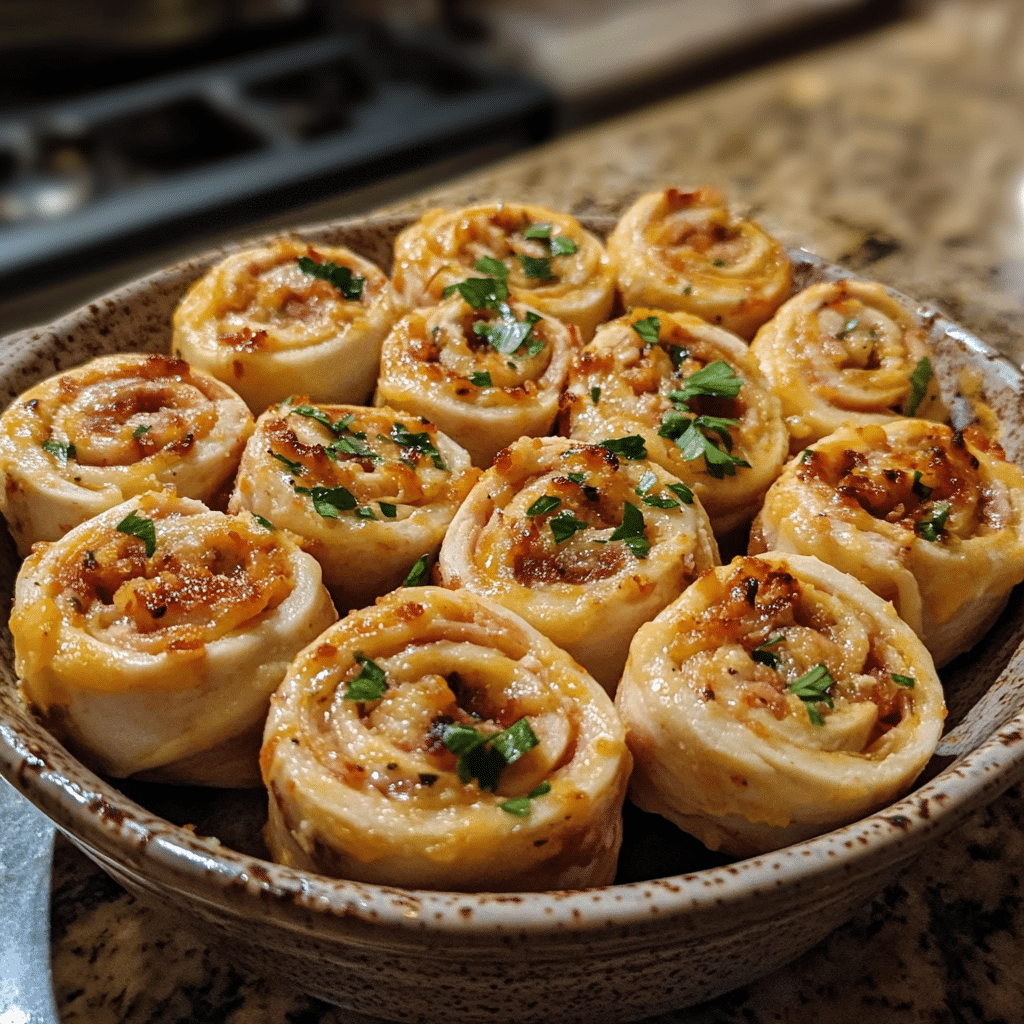 Homemade easy turkey and cheese pinwheels in a serving dish in a bright kitchen