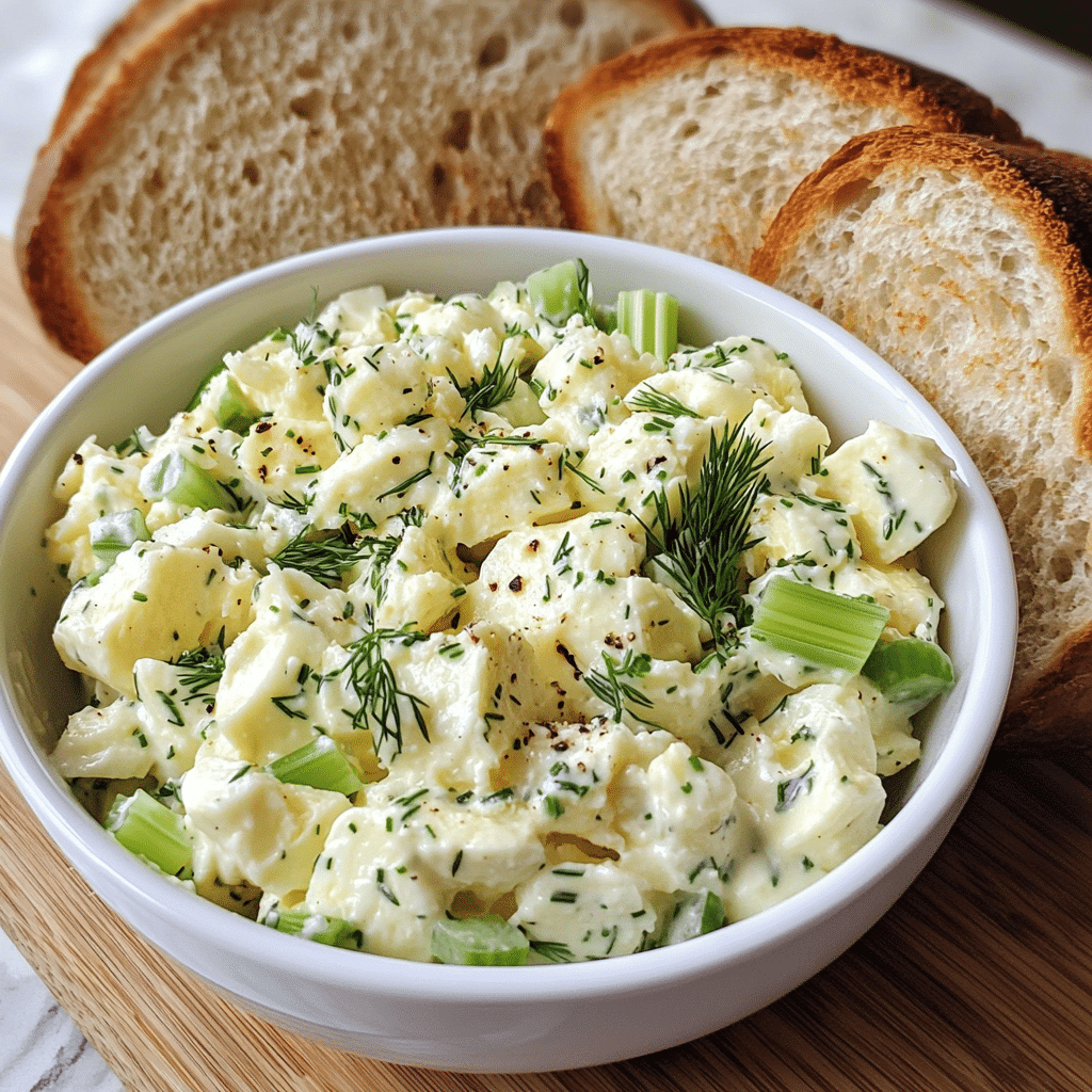 Bowl of creamy egg salad with herbs and celery