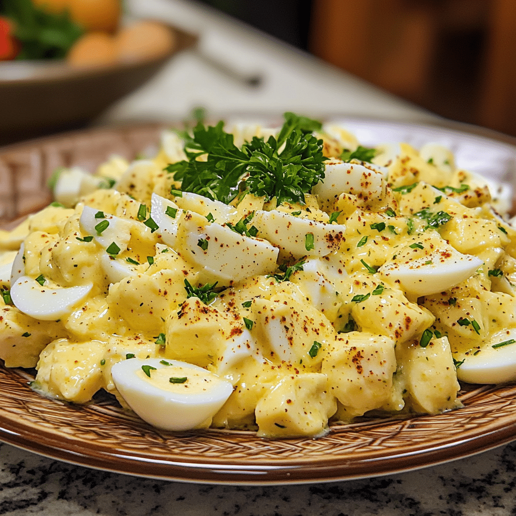 Homemade egg salad with the best dressing served in a dish in a bright kitchen
