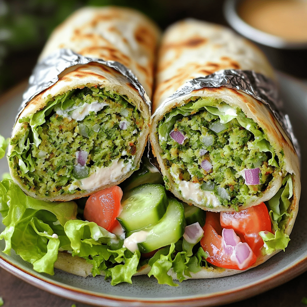 Falafel wrap cut open with veggies and tahini sauce