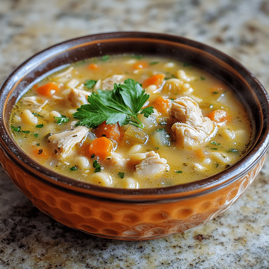 Homemade favorite italian chicken pastina soup in a serving dish in a bright kitchen