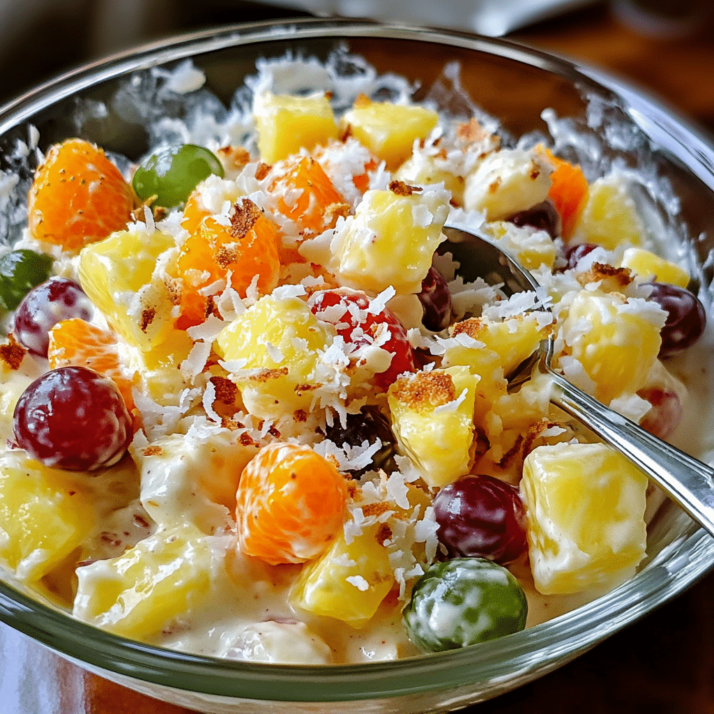Bowl of fruit fluff salad with mixed fruit in a creamy vanilla fluffy mixture topped with coconut