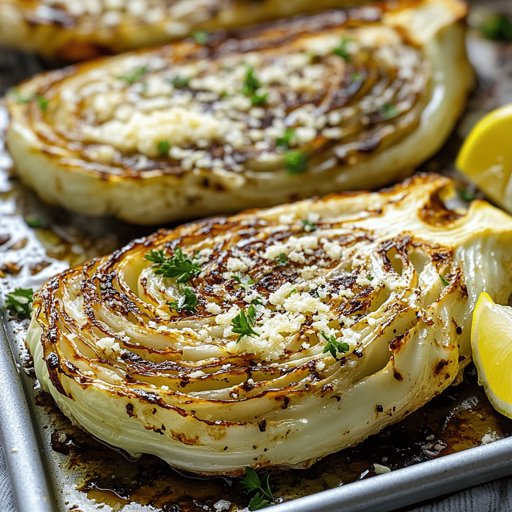 Roasted cabbage steaks brushed with garlic butter and topped with parsley and Parmesan-style cheese on a sheet pan