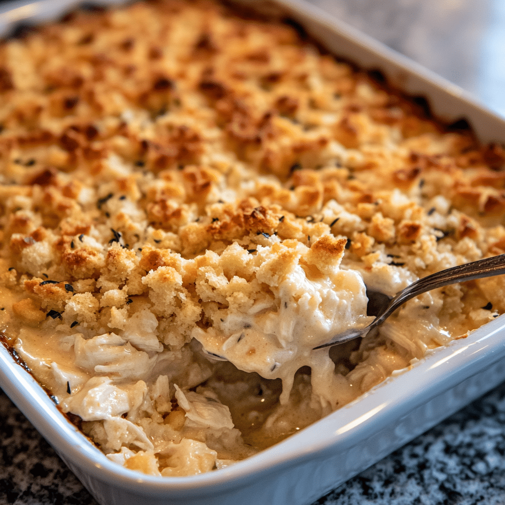 Ritz cracker chicken casserole with golden cracker topping in baking dish