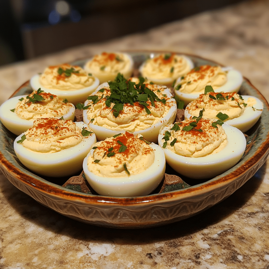 Homemade gordon ramsay’s deviled eggs recipe in a serving dish in a bright kitchen