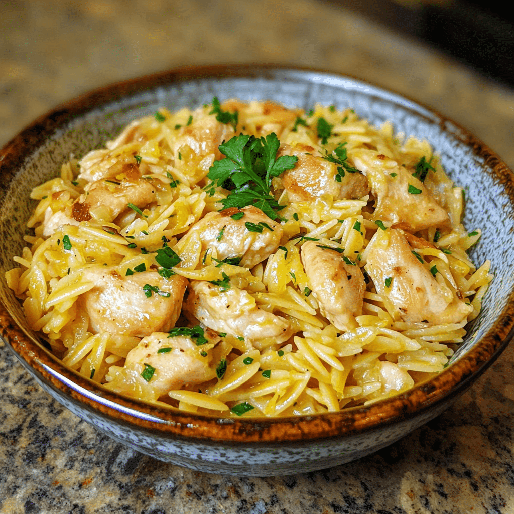 Homemade gorgeous one-pan lemon chicken orzo in a serving dish in a bright kitchen