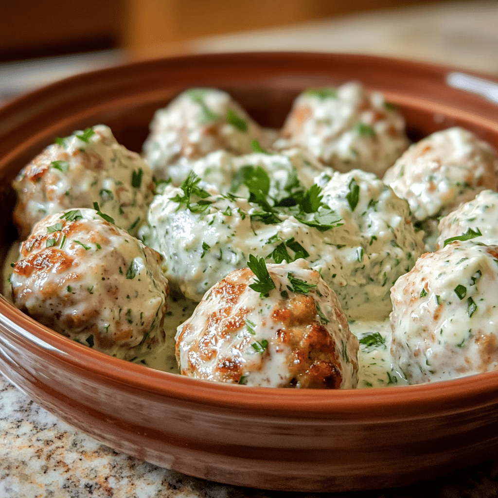 Homemade greek chicken meatballs with homemade tzatziki - hannah magee rd in a serving dish in a bright kitchen