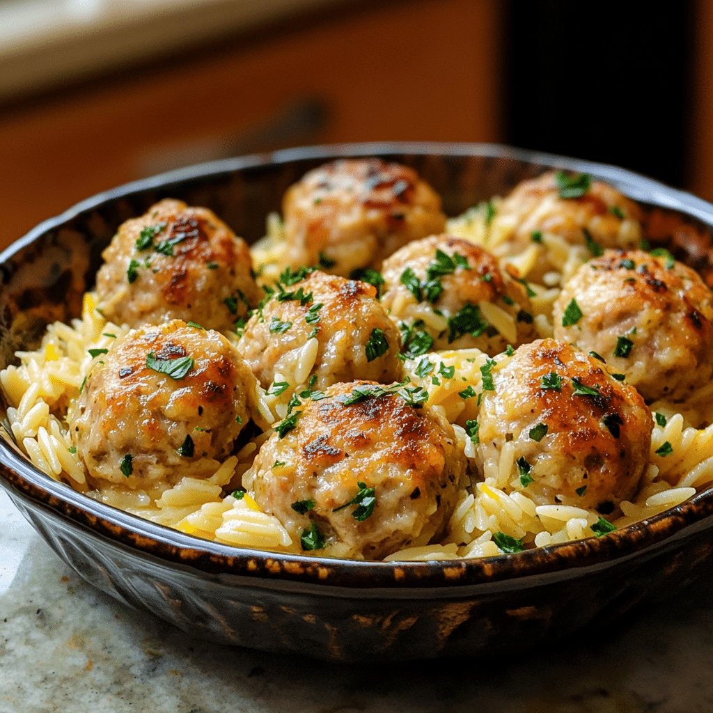 Homemade greek chicken meatballs with lemon orzo - prepper protein in a serving dish in a bright kitchen