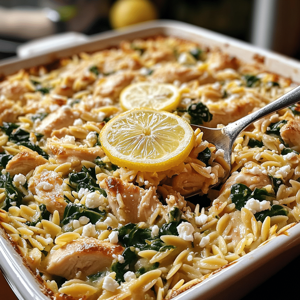 Greek chicken orzo bake with lemon slices, spinach, and feta-style cheese in a baking dish
