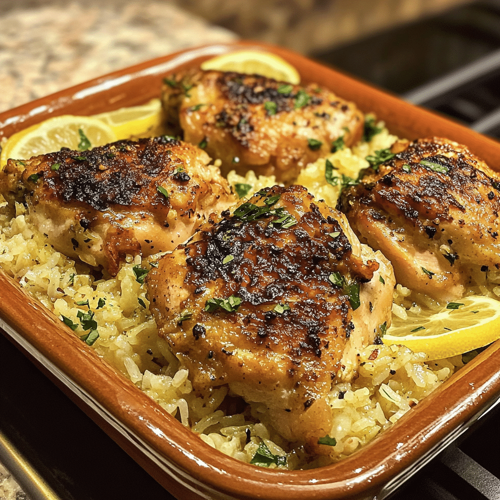 Homemade greek chicken and lemon rice (30 minutes, one-pot) in a serving dish in a bright kitchen