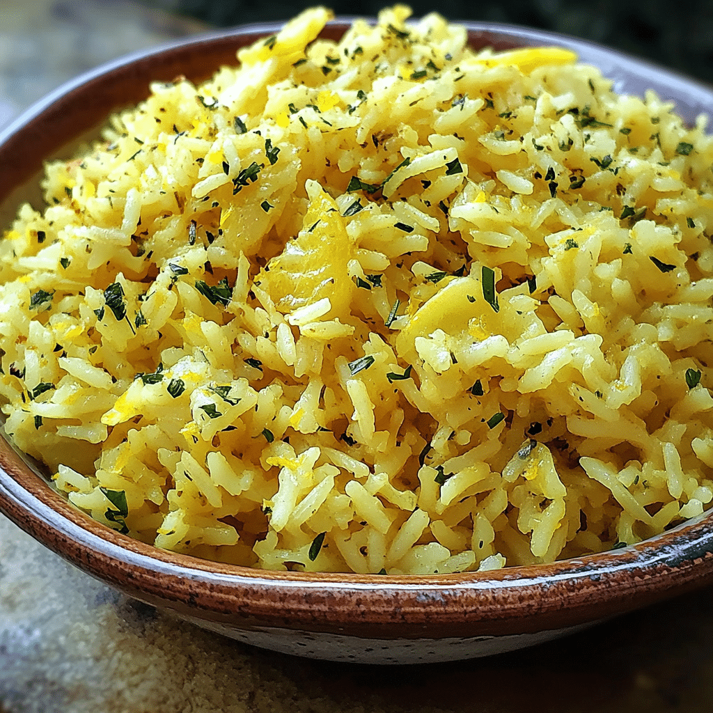 Homemade greek lemon rice recipe that family will love in a serving dish in a bright kitchen