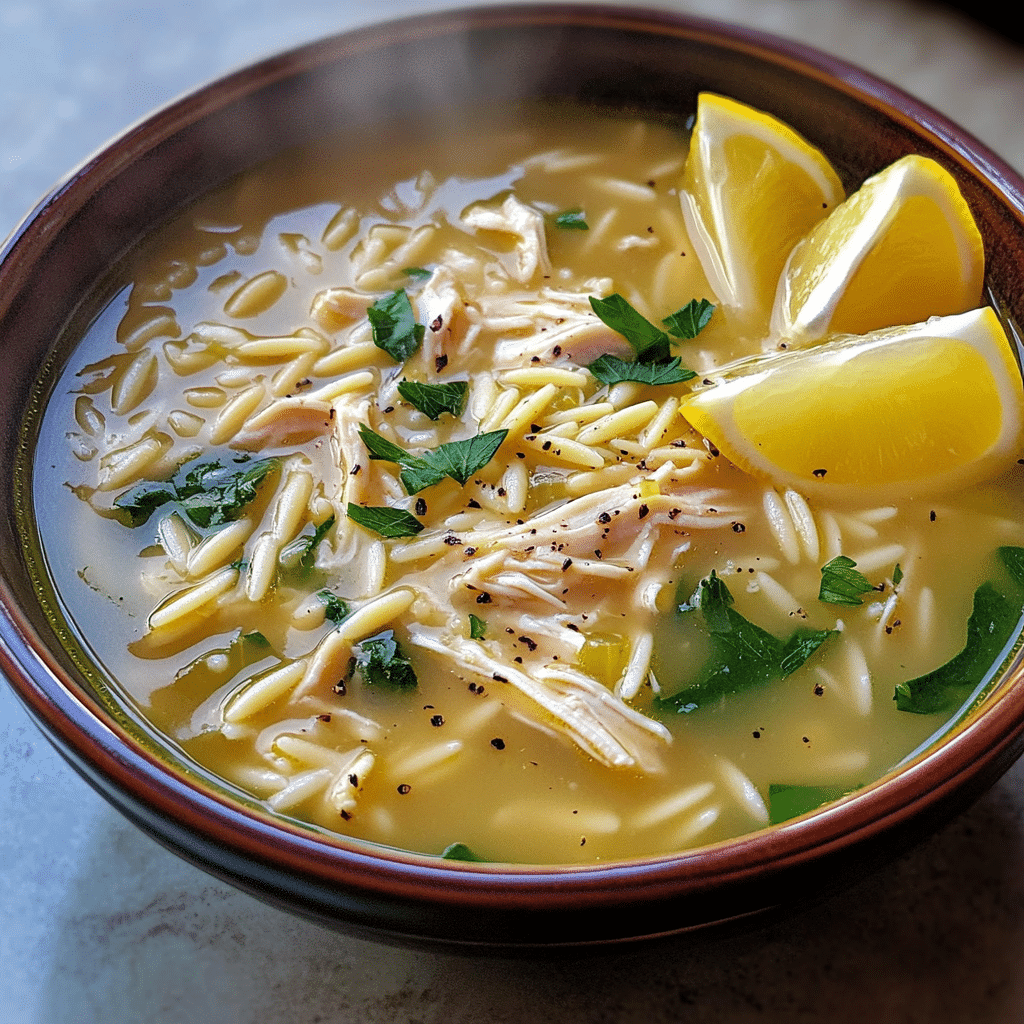 Bowl of Greek-style lemon chicken soup with orzo, chicken, spinach, parsley, and lemon wedges