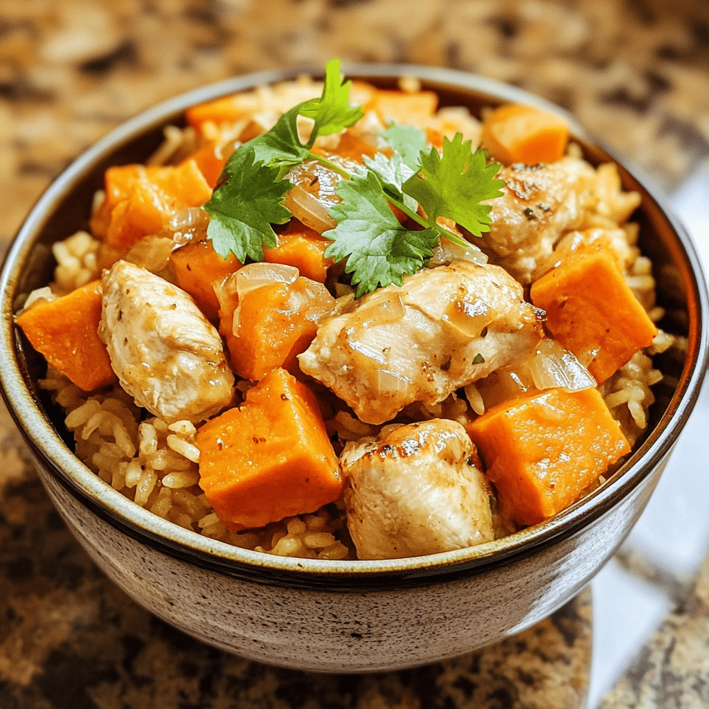 Homemade healthy chicken & sweet potato rice bowl in a serving dish in a bright kitchen