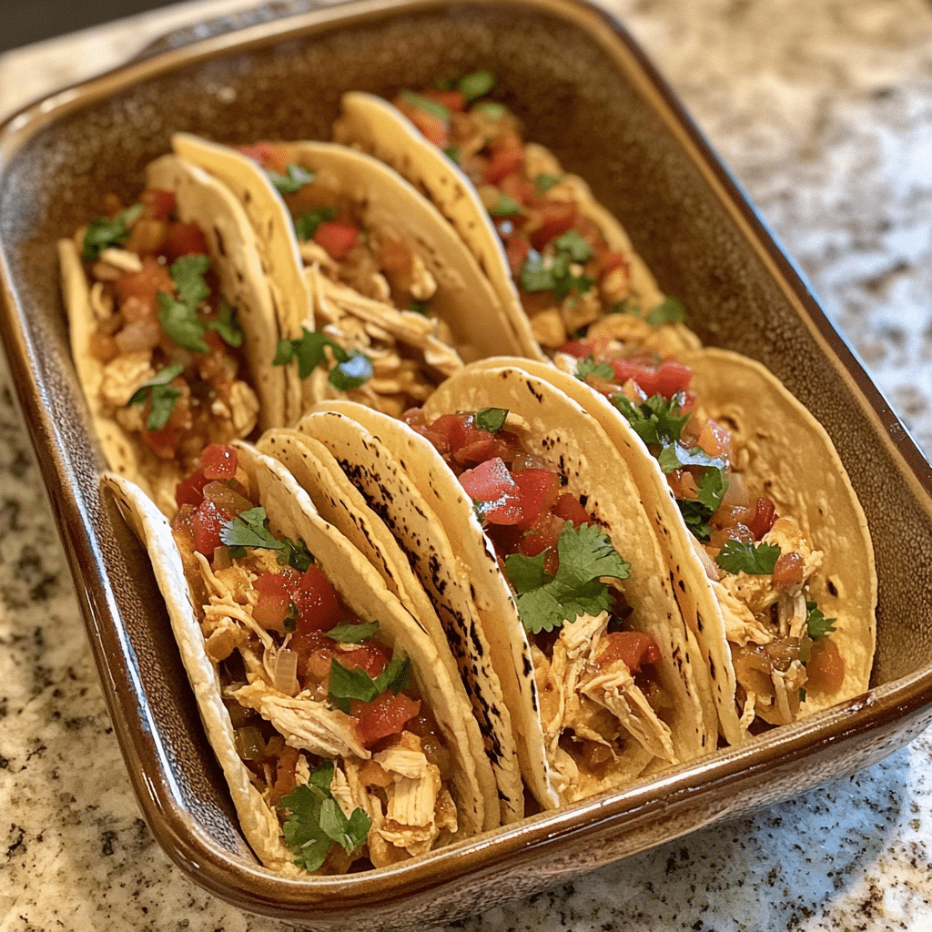 Homemade healthy crockpot chicken tacos in a serving dish in a bright kitchen