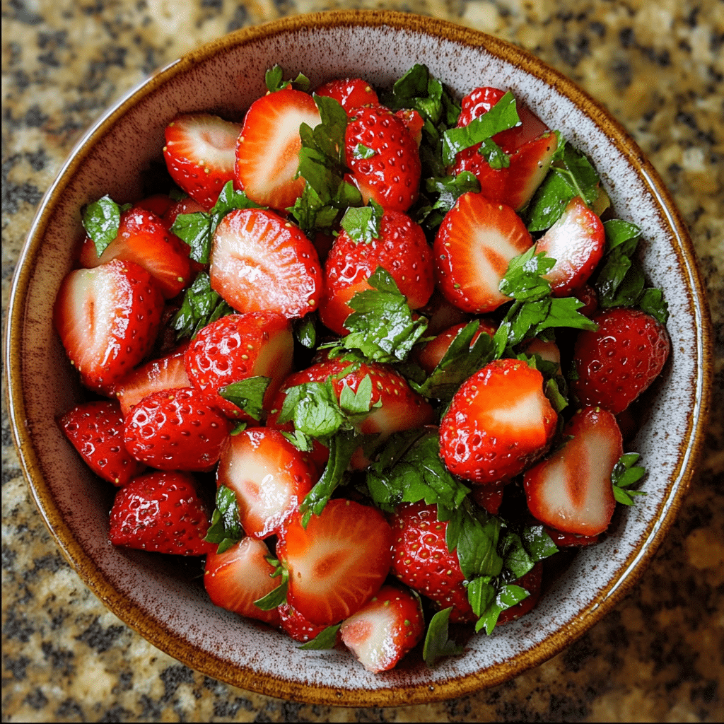 Homemade healthy easter strawberry spring salad in a serving dish in a bright kitchen