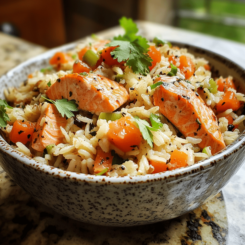 Homemade healthy one pot salmon and rice (35-minutes) in a serving dish in a bright kitchen