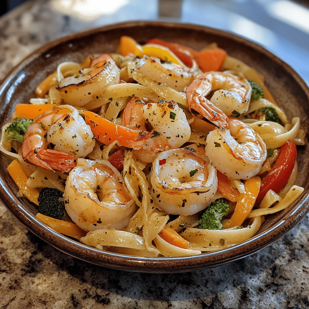 Homemade healthy shrimp & scallop pasta with veggies in a serving dish in a bright kitchen