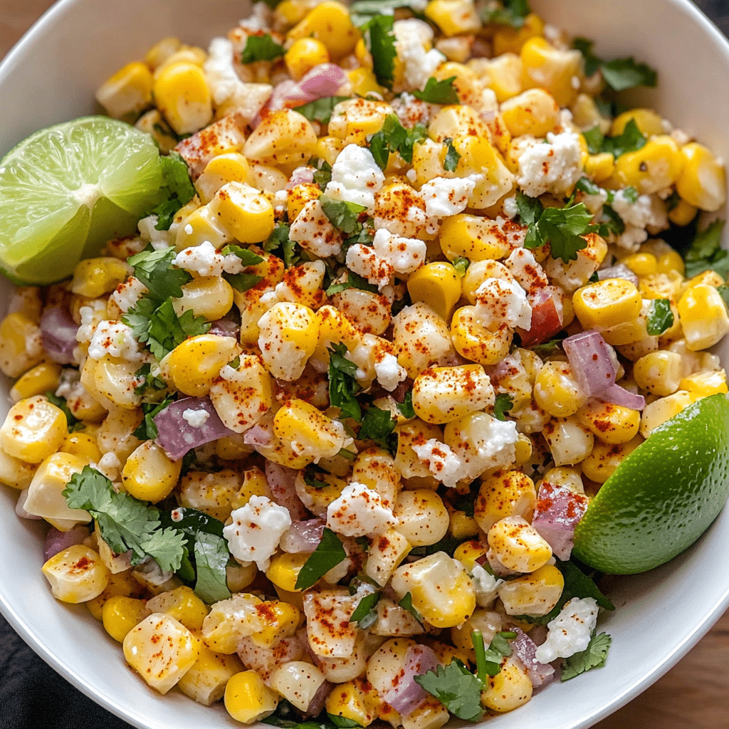 Bowl of healthy street corn salad with Greek yogurt dressing, cilantro, feta-style cheese, and lime