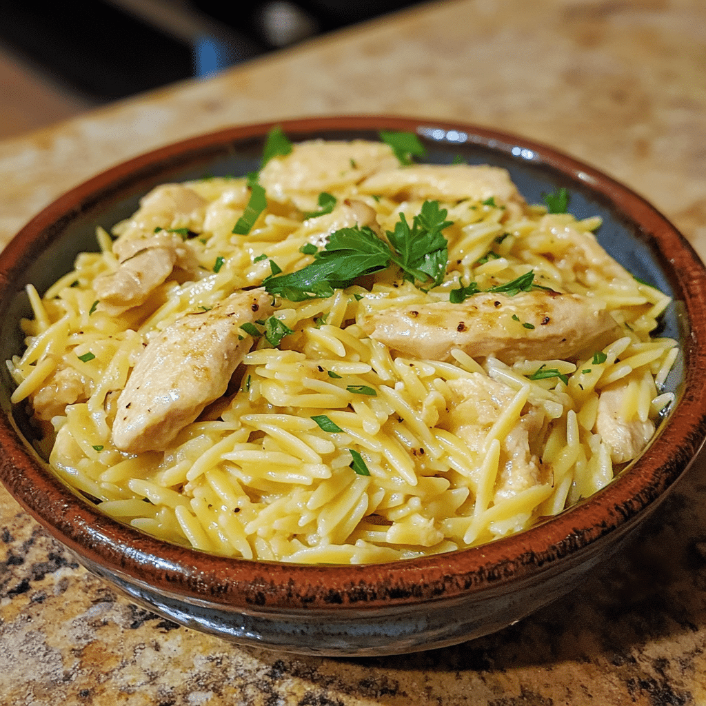 Homemade high-protein lemon chicken orzo in a serving dish in a bright kitchen