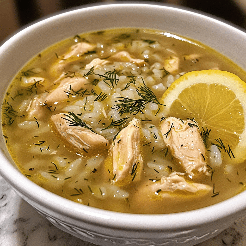 high protein lemon chicken soup in a bowl with dill and lemon wedge