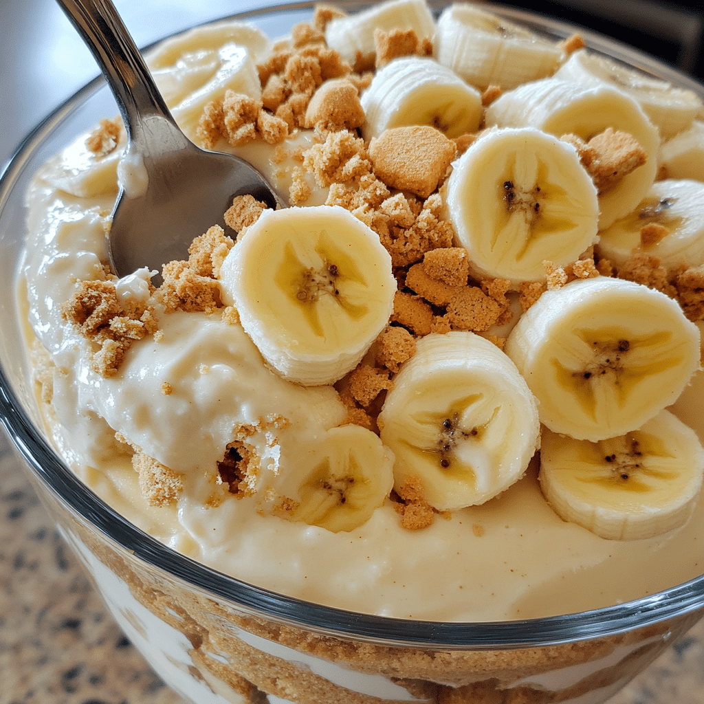 Glass dish of homemade banana pudding with vanilla wafers and banana slices