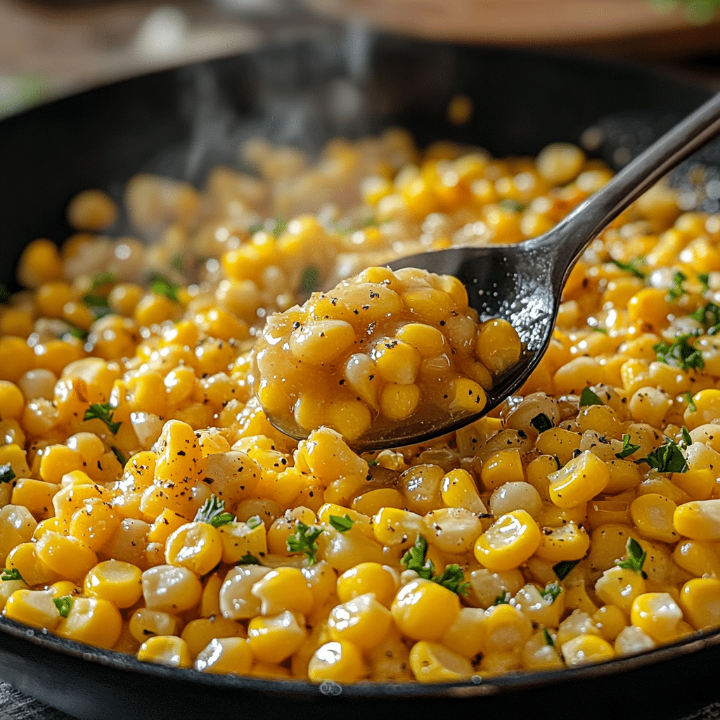 Skillet of honey butter corn coated in a glossy buttery sauce with herbs