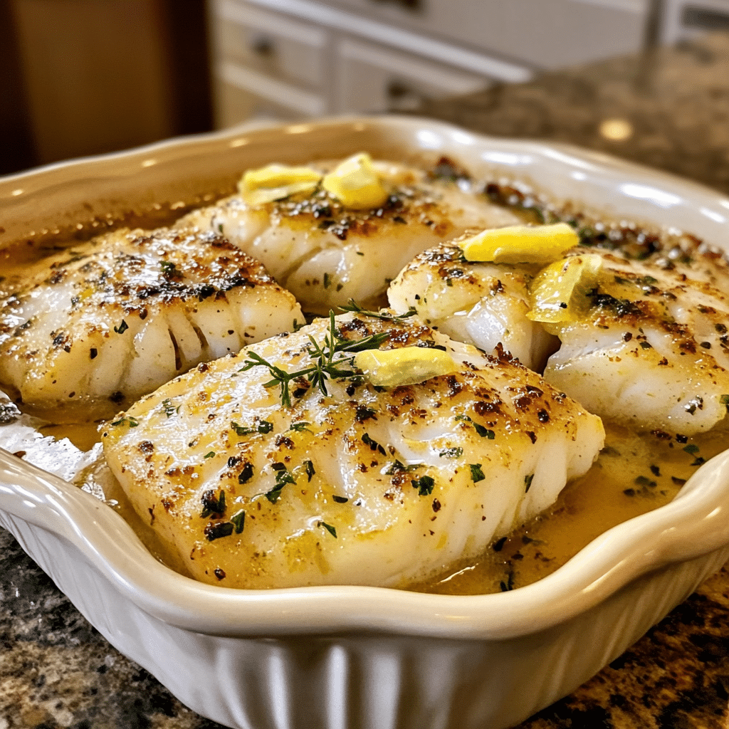 Homemade how to make perfect lemon butter baked cod in a serving dish in a bright kitchen