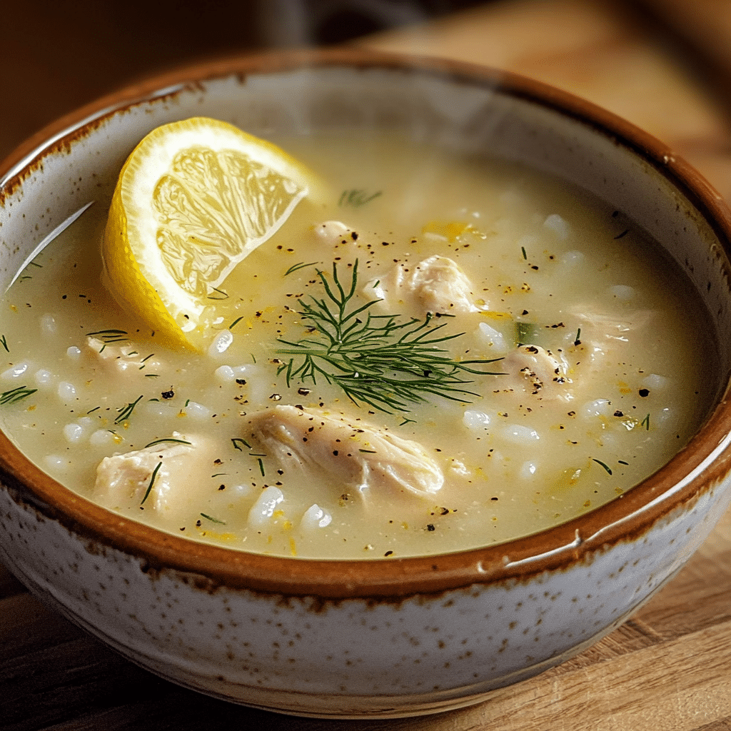 Bowl of Instant Pot Greek lemon chicken soup with rice, dill, and lemon