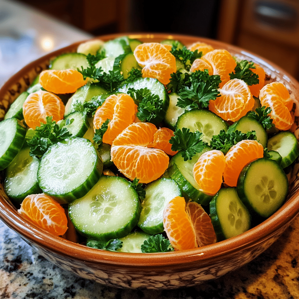 Homemade irish flag clementine cucumber salad - a heathy way to celebrate st. patrick's day in a serving dish in a bright kitchen