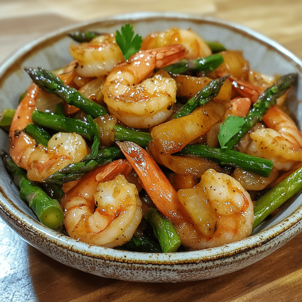 Homemade irresistible easy, healthy shrimp and asparagus stir fry recipe in a serving dish in a bright kitchen