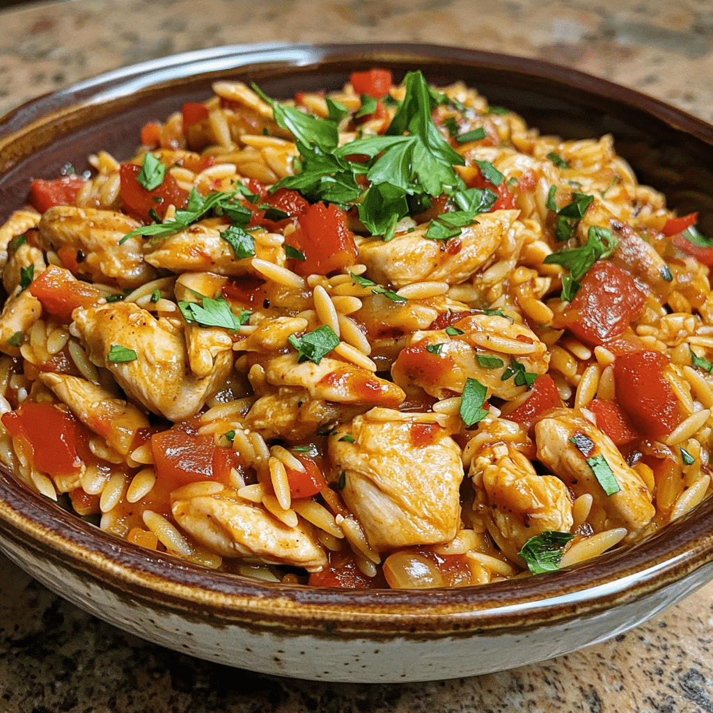 Homemade irresistible high protein mediterranean chicken orzo - a healthy & easy recipe! in a serving dish in a bright kitchen