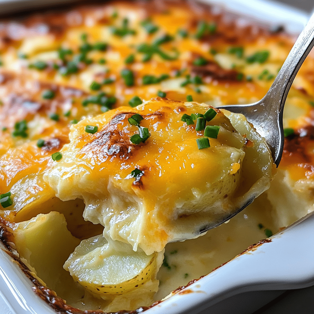 Spoon scooping creamy million dollar potato casserole topped with melted cheddar and chives