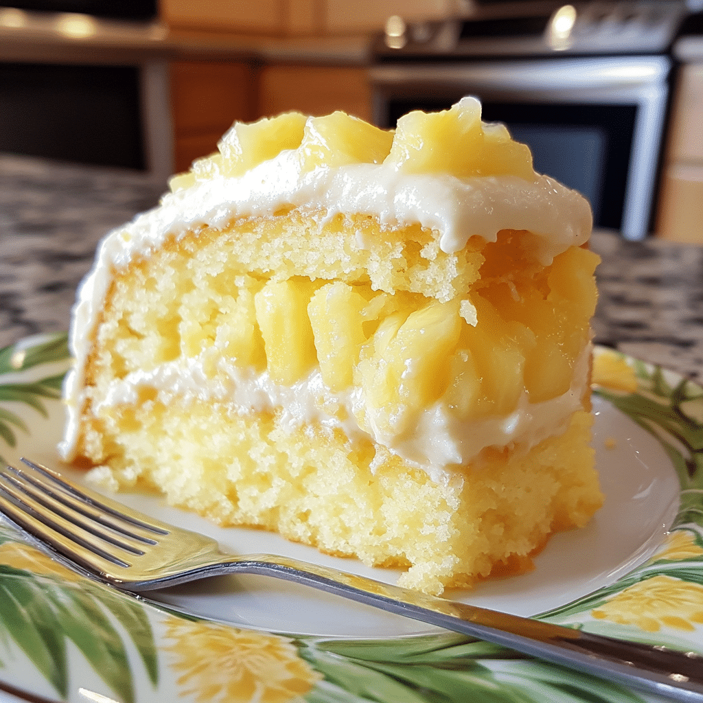 juicy pineapple heaven cake slice with creamy topping and pineapple bits
