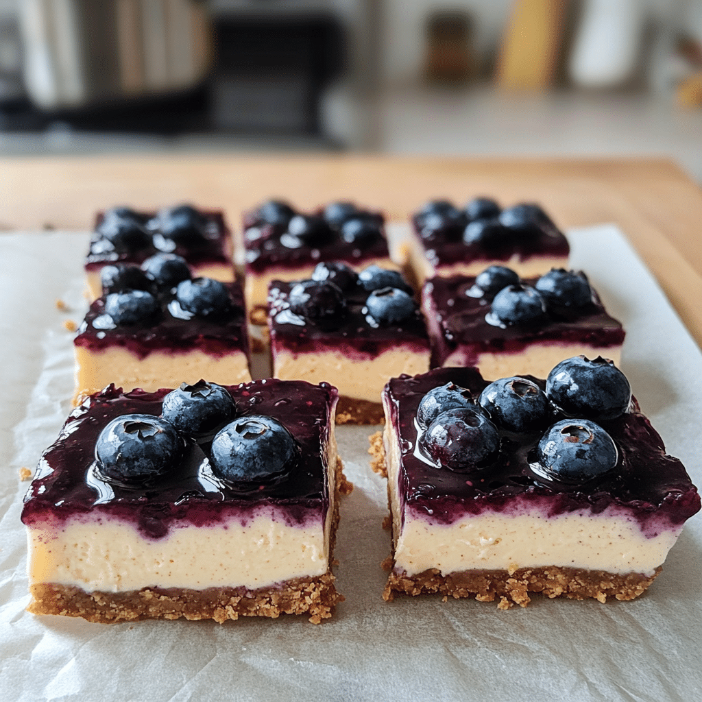 Keto no-bake blueberry cheesecake bars with almond crust and blueberry topping cut into squares