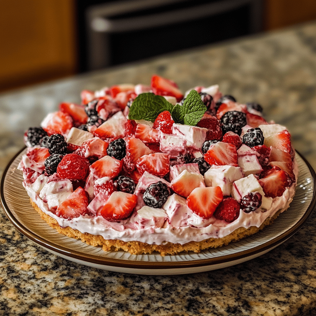 Homemade lazy berry cheesecake salad served in a dish in a bright kitchen